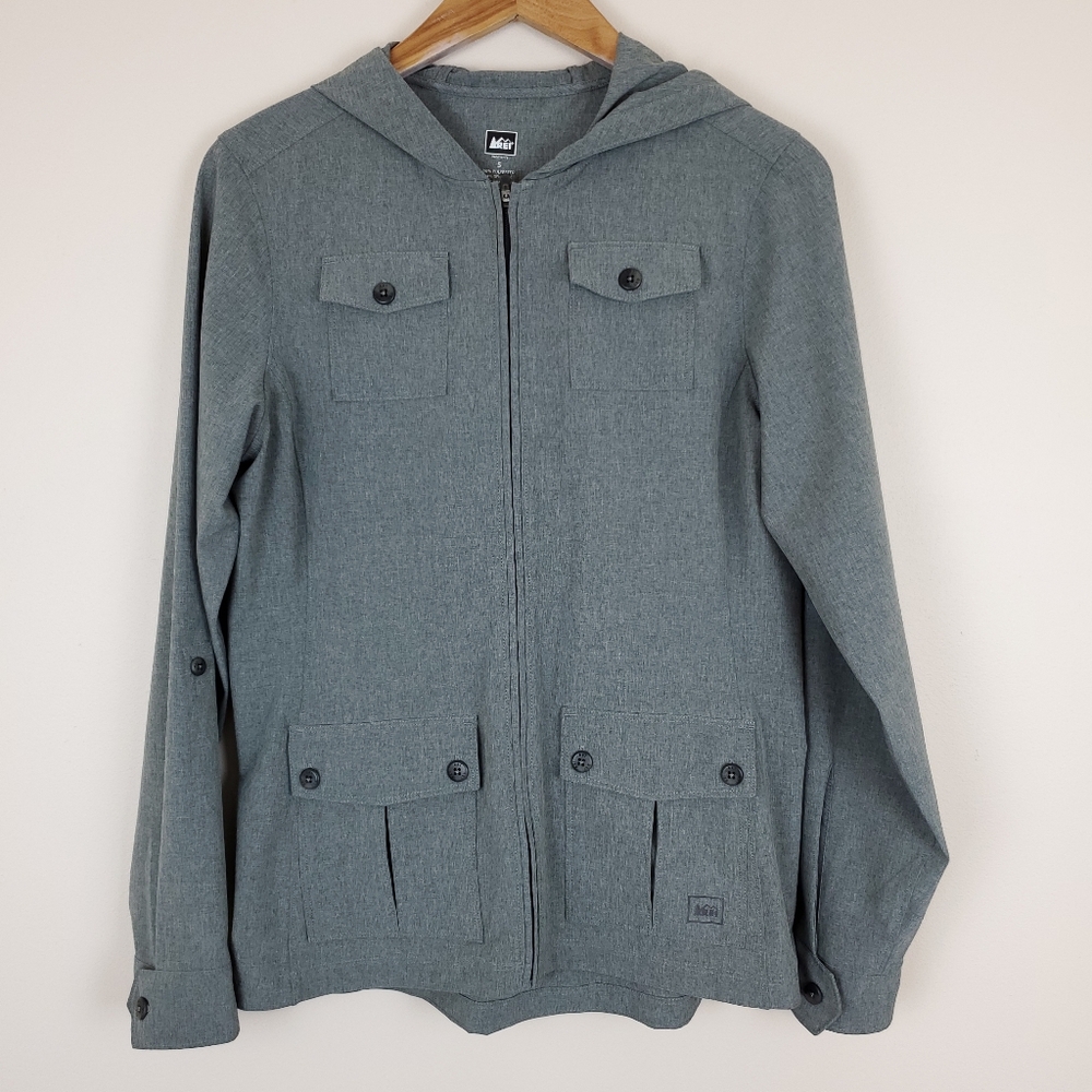 REI Full Zip Roll Tab Sleeve Lightweight Packable Hooded Grey Jacket